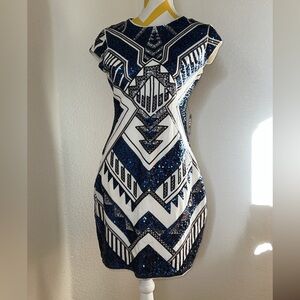 Elegant Blue and White Geometric Sequin Dress